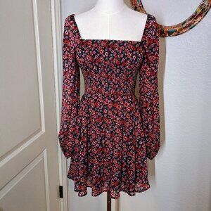 FRANCESCA'S Mi Ami Shimmer Long Sleeve Smocked Dress Black Pink Red sz Small